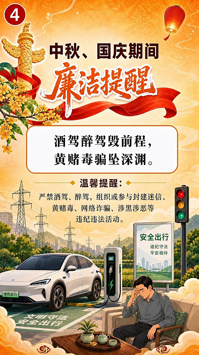 在原图基础上，统一字体规范：1. 主标题"中秋、国庆期间"统一为深棕色粗黑体，字号与第1张一致；2. "廉洁提醒"书法字保持橙红色；3. 警句框内文字统一为黑色粗宋体，字号一致；4. "温馨提醒："四个字统一为深红色，左右配金色菱形装饰线；5. 温馨提醒正文统一为黑色常规宋体，字号一致。整体版式结构不变，确保所有文字层级、颜色、字号与第1张海报风格完全统一。
