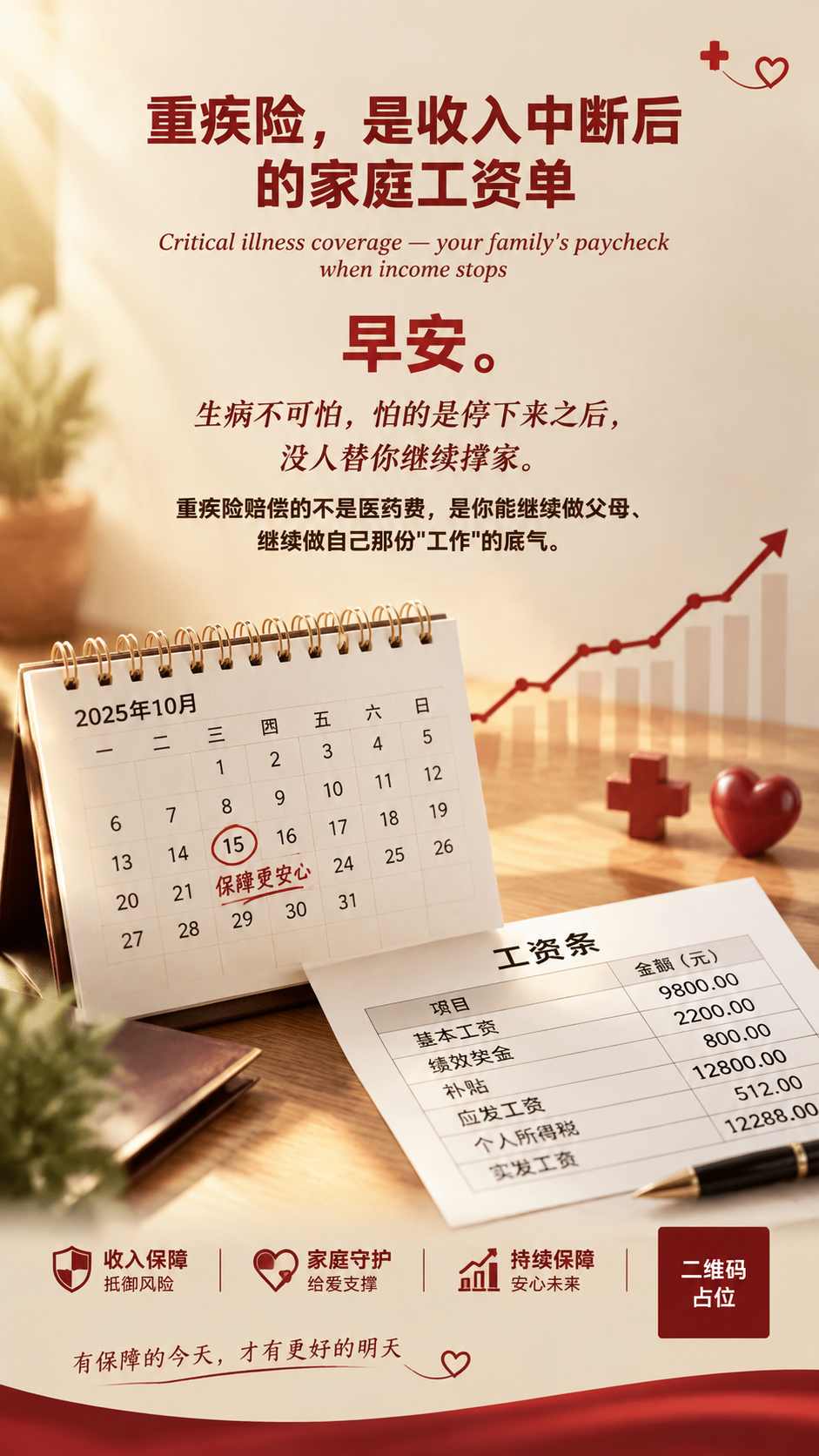 一张竖版重疾险主题早安海报，沉稳权威风格。画面主体：一本翻开的… - 图片创意预览