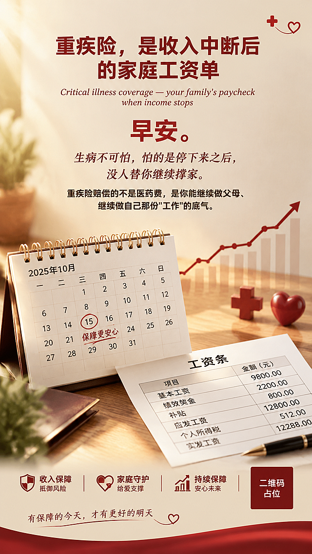 一张竖版重疾险主题早安海报，沉稳权威风格。画面主体：一本翻开的日历和一张工资条的局部特写，日历上标记着重要日期，工资条上有清晰的数字线条，被温暖的暖光包裹着，质感真实细腻。装饰元素：画面中点缀红色十字符号、心形图案和一条缓缓上升的折线图（收入曲线），折线图用沉稳红色线条绘制，象征收入保障与持续；红十字和心形小巧精致，分布在画面角落，呼应医疗与关爱主题。色调：沉稳红#8B2A2A为主色调，搭配米白色#F8F4EC底色，红色庄重有力量，米白温暖柔和，对比中传递安全感与权威感。光线：暖黄色柔光从画面左上方洒下，在日历和工资条上形成温暖的光影，整体氛围温暖而坚定。文字排版：画面上方居中位置用权威黑体书写标题"重疾险，是收入中断后的家庭工资单"，字体颜色为沉稳红#8B2A2A，字号较大，粗体有力；标题下方用英文斜体书写"Critical illness coverage — your family's paycheck when income stops"，颜色为深红色，字号较小；画面中部偏上位置用黑体书写"早安。"，颜色为沉稳红；再下方用斜体书写金句"生病不可怕，怕的是停下来之后，没人替你继续撑家。"，颜色为深红褐色；金句下方用黑体书写"重疾险赔偿的不是医药费，是你能继续做父母、继续做自己那份"工作"的底气。"，颜色为深褐色，行间距舒适。主体日历和工资条位于画面中下部，折线图从工资条延伸而出，形成视觉动线，整体版式精美，层次分明，传递沉稳可靠的保障感。画面中所有二维码区域使用纯色方块占位符呈现，方块中央标注"二维码占位"文字，严禁生成任何可识别的二维码图案。画面中所有信息区域必须填充完整合理的内容，不得出现空白框、空白占位、横线待填写区域、空列表项、空单元格；确保是完整可用的成品海报而非待填写模板。画面中所有数字必须精确渲染，不得出现错位、遗漏或编造的数字。