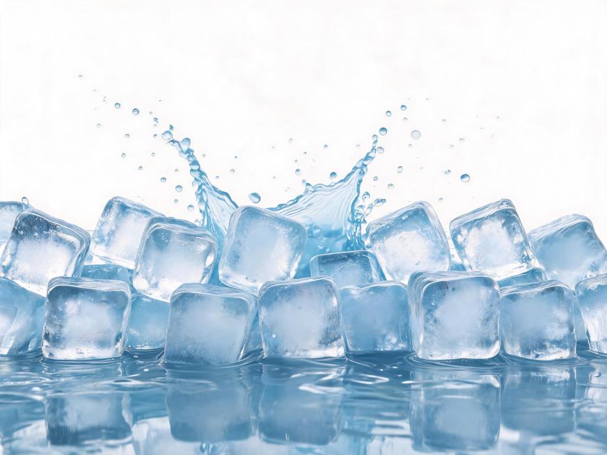 参考原图片风格，重新生成画面，冰块更多更厚，向左右延展，冰块颜色偏向白色，呈现晶莹剔透的通透感和立体感，背景纯白色，方便抠图，伴有蓝色水花飞溅预览效果