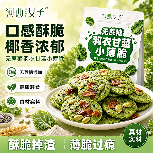 [主图-1] 羽衣甘蓝小薄脆首图 食欲感场景。
[氛围风格] 清新自然健康轻食风，浅绿与浅黄色主调，商业摄影质感。
[画质] 超高清商业摄影，光线柔和通透，产品清晰真实，画面干净高级，酥脆质感强烈。
[元素] 画面右侧白色瓷盘堆叠多片绿色羽衣甘蓝小薄脆饼干，饼干表面清晰可见奇亚籽、南瓜子仁、红色椰肉干颗粒，酥脆纹理分明；旁边斜放一袋完整的羽衣甘蓝小薄脆产品包装袋，品牌标识清晰。左侧散落新鲜羽衣甘蓝叶片、一小碗奇亚籽、几片南瓜子、麦穗和一小堆面粉作为原料点缀。背景为浅绿到浅黄的渐变柔焦，带有轻微的自然光斑和羽衣甘蓝叶片剪影。左上角放置从产品图提取的"河西女子"品牌Logo，保持原字形与绿色。保持羽衣甘蓝小薄脆饼干与包装袋外观（物理结构、材质质感、颜色）与输入产品图一致，杜绝变形和色差，精细化处理。商品主体占比约70%，画面满屏无边框。
[光影] 自然暖阳侧逆光，从右上方洒下，饼干边缘有通透光晕，表面酥脆纹理形成细腻高光，瓷盘有柔和反光；整体光比舒适，暗部有层次，无廉价HDR。
[配色] 主色浅薄荷绿（背景渐变）；辅色浅鹅黄（光效与点缀）；强调色深绿（标题与Logo）；卡片图标色为浅绿圆角白底。
[视角构图] 45度俯视偏平视，饼干堆为视觉中心，前中后景分层，景深中等，背景柔焦突出主体。
[文字版式] 左上负空间左对齐，两行主辅文案。大字主标题"口感酥脆 椰香浓郁"，深绿色最大号粗体无衬线；副标题"无蔗糖羽衣甘蓝小薄脆"，约半高、同色系稍浅。左侧竖排三个圆角白底图标卖点：第一行"0糖"图标+"无蔗糖添加"；第二行绿叶图标+"健康轻食"；第三行圆点图标+"真材实料"。底部通栏浅绿渐变蒙层，左右分两大字：左"酥脆掉渣"右"薄脆过瘾"，白色粗体字，中间留白。右下角圆形深绿徽章"真材实料"白字。
[输出要求] 1:1比例，文字清晰锐利可辨，超高清商业摄影质感。
[负向提示词] 变形，文字错乱，产品图模糊，背景杂乱，水印，电商平台Logo，多余的手，多余的手指，畸形手，融合手指，手部扭曲，肢体穿模，人物面部扭曲，关节反折。
