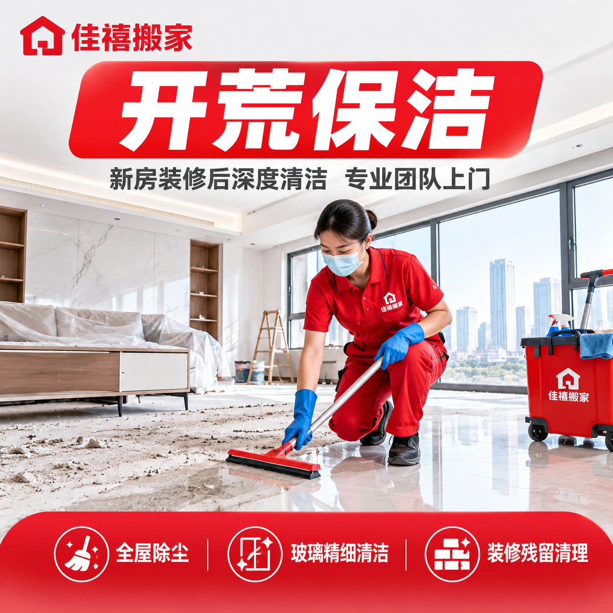 [主图-1] 开荒保洁服务主题首图方形版，佳禧搬家品牌红色系家… - 图片创意预览