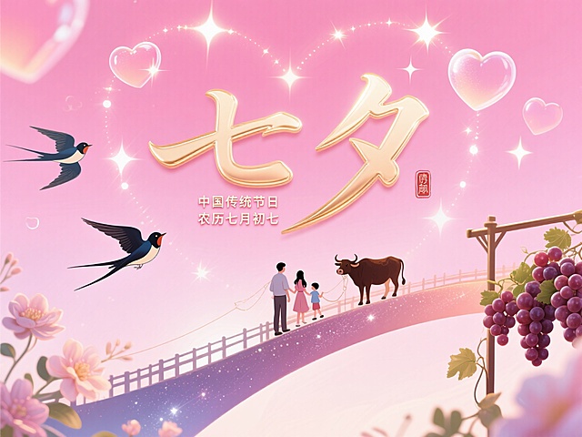 梦幻插画风，甜美浪漫七夕，超现实主义桥上牛郎织女相会，大字闪耀。