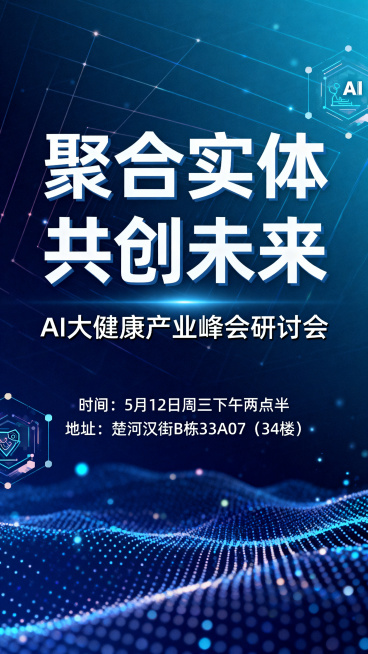 AI大健康产业峰会研讨会邀请函海报，主标题"聚合实体 共创未来"，副标题"AI大健康产业峰会研讨会"，下方信息：时间：5月12日周三下午两点半
地址：楚河汉街B栋33A07（34楼），为时间和地址添加预览效果