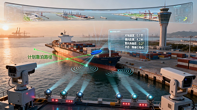 俯瞰视角下的现代化集装箱码头，晨光中，一艘大型集装箱船正平稳地横向靠向泊位。船体与码头岸壁之间，数道精准的激光测距光束与雷达扫描波纹清晰可见，实时勾勒出厘米级的动态间隙。

在码头前沿的关键位置，多套高分辨率AI摄像机组与传感器阵列静默工作，其防护外壳上的指示灯规律闪烁，共同捕捉着船舶的轮廓、姿态与速度。一个半透明的智能引导数据面板悬浮于画面视觉中心，左侧以绿色虚线清晰标注“计划靠泊路径”，并与代表实时位置的蓝色船模轨迹完美重合；右侧则实时刷新着关键参数：“对地速度：0.1节 | 横向距离：4.2米 | 艏向角偏差：0.2° | 状态：精确引导中”。

远景中，港口控制塔的弧形全景监控大屏正显示着整个港区的数字孪生态势图，此艘船舶的靠泊进程、周边航道清空状态以及其他等待船只的调度序列一目了然。整体画面宏大、宁静且充满秩序感，在真实的港口晨间作业背景下，通过非侵入性的光束、清晰的数据面板与中央指挥系统，将AI视频分析平台对船舶的毫米级感知、实时分析与自动引导能力，转化为一种直观、高效的智能管理景象。