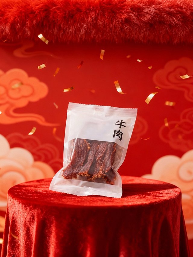 红金喜庆写实风，牛肉干包装袋与红绒展台、祥云金箔等新年元素结合，红火热烈，营造热闹喜庆的年货氛围。