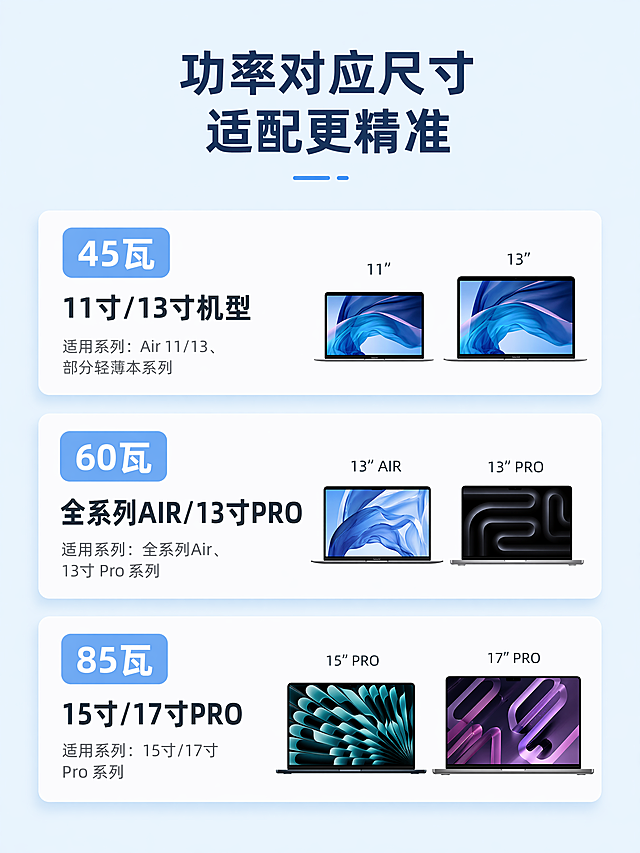 [第6屏] 适用功率与机型边界说明页面，明确不同功率适配的电脑尺寸。
[氛围/风格] 清晰信息卡风格，分类展示
[元素布局] 顶部主标题，下方三个卡片竖向排列，分别对应45W、60W、85W三种功率，每个卡片标注功率、适用电脑尺寸和系列，保持信息层级清晰，卡片间距均匀
[光影质感] 卡片带浅阴影，整体光照均匀柔和
[配色色系] 全局底色 #f0f8ff，卡片白色底，功率标签浅蓝色填充配白色文字
[文字版式] 主标题"功率对应尺寸 适配更精准"，每个卡片标题「X瓦」，副标题对应适用尺寸，比如："45W → 11寸/13寸机型"，"60W → 全系列AIR/13寸PRO"，"85W → 15寸/17寸PRO"，每个文字块大小适中，手机端清晰可读
[比例分辨率] 3:4竖版比例，4K分辨率，高清画质
[负向提示词] 文字错乱，文字过小，信息重叠，水印，背景杂乱