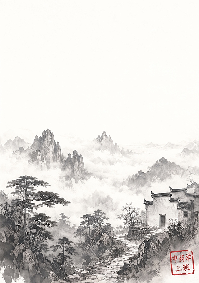 A4竖版，水墨写意风格，黄山实习实训宣传封面。远景为黄山群峰，峰尖在云海中若隐若现，云雾大面积留白；中景有淡墨画出的松林与石径；近景右侧有一两间农家乐民房，徽派马头墙造型简练，不抢主体。整体像一幅清淡的山水小品。画面上部约三分之一留白，用于放置标题，留白处不得有墨迹或杂物。右下角盖朱红印章，内容为"中药学三班"，印章略斜，有手盖感。整体不强调药用植物，尽量只表现黄山山水、云雾、村落与松林。色彩以黑白灰为主，仅印章一点红。
