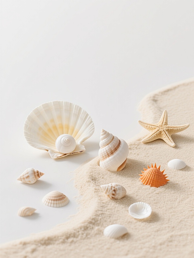极简干净风格的贝壳与沙滩组合构图，画面右侧和底部由细腻质感的浅米色沙滩构成自然弯曲的边缘，沙滩上散落着多种形态的贝壳：大型扇形贝壳（米白底色带浅黄放射纹）、螺旋状海螺（纯白与浅棕渐变）、星形海星（浅沙色）、橙色尖刺状贝壳，以及小型白色贝壳点缀其间，所有贝壳保持自然散落状态，表面有真实的纹理和微妙光影变化，左侧及上部约70%区域为纯白色负空间，整体色调以米白、浅黄、淡橙为主，光线柔和均匀，无阴影干扰，营造出简洁、清新、空旷的视觉效果，无任何文字或装饰元素。