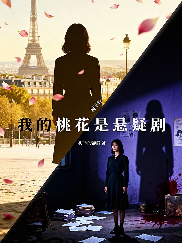 光影阴谋】

· 设计概念：强调“画风突变”和“侦探”视角。采用电影感强烈的光影对比构图，突出戏剧冲突和悬疑氛围。
· 画面构想：
  · 主视觉：封面被一道锐利的光影斜切为两部分。左侧（光亮处）是女主角（背影或剪影）在浪漫的巴黎街景或花瓣雨中；右侧（黑暗处）则是同一个女主角，站在阴影里，面前是散落的文件、血迹斑斑的旧物或一个神秘的背影，墙上可能有投射的犯罪线索影子。
  · 色彩：左侧暖黄/浅金色，右侧深蓝/暗紫色，对比强烈。
  · 文字排版：
    · 书名：我的桃花是悬疑剧  使用干净利落、有力量的现代字体，横跨光暗交界处，仿佛被那道“光”切开。
    · 笔名：  树下的静静著    置于光影分界线上。
    · 
· 风格：电影悬疑风，视觉冲击力强，直接传达故事的高概念与反转。