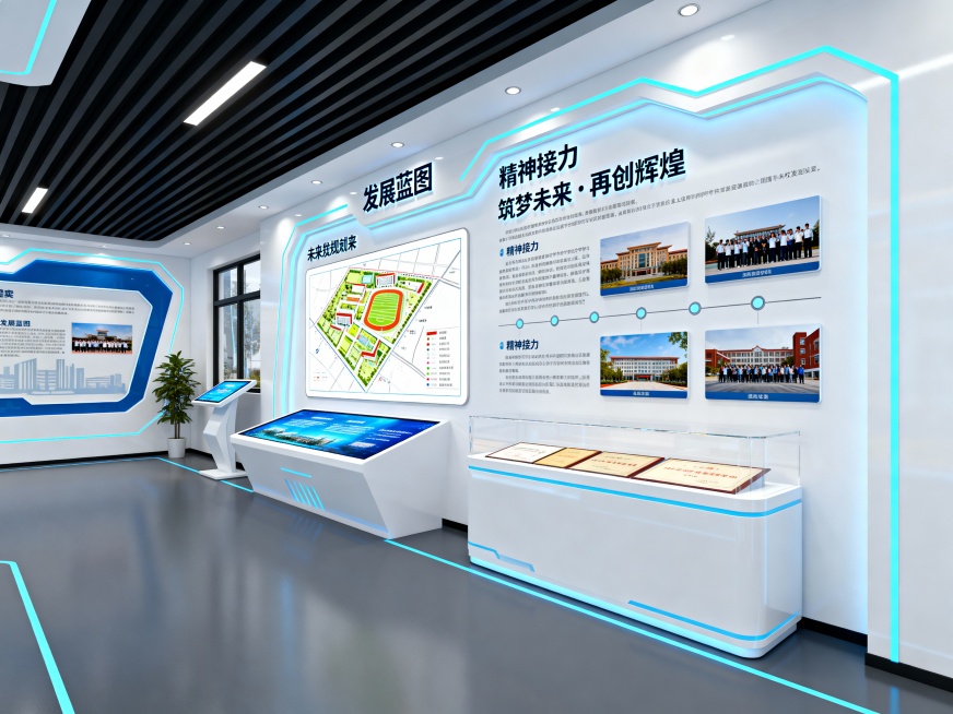 实文化一小校史展厅
序厅：时光之门・精神序章​
核心视觉​
主形象墙，镌刻校训 “崇德笃学 砺行致远”，下方嵌入地面投影时间轴，流动呈现建校以来关键年份。中央设置全息投影装置，循环播放由师生共同拍摄的预览效果