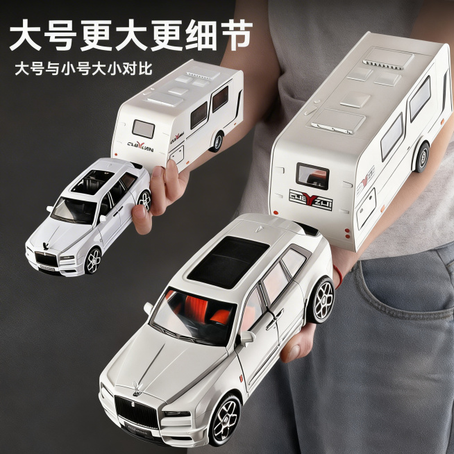 保持白色劳斯莱斯汽车模型和拖挂房车主体以及文字内容不变，更换为更具质感的高级深灰色摄影背景，保留大小对比展示效果，写实风格，商业产品摄影预览效果