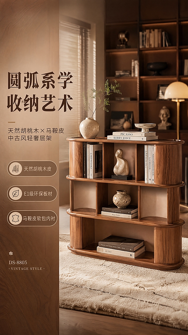 [商品] 使用【图1】胡桃木圆弧层架DS-8805；保留整体圆弧造型、三列三层开放式格位结构、天然胡桃木皮纹理颜色、马鞍皮内衬米色、圆润边角和比例；商品处理：增强胡桃木皮纹理质感，马鞍皮内衬细腻度提升，整体精修无瑕疵，不改变结构和颜色。
[画面] 目标：中古风轻奢风格空间头图，建立高端收纳家具第一印象。左文右景构图，左侧约1/3竖列文案区，右侧为整屋书房lifestyle大场景。层架置于画面右侧居中，占画面约55%，正面微侧45°角摆放。前景铺羊毛地毯，中景层架上摆放艺术书籍、陶瓷花瓶、雕塑摆件，后景虚化书房书柜与落地灯，暖调午后自然光从左侧窗洒入，营造慵懒高级居家氛围。阅读动线从左至右。
[视觉] 套系策略：风格=中古风轻奢商业摄影；标题字=宋体衬线粗体；正文字=现代无衬线体；主色=胡桃木棕；背景延展=基于胡桃木棕做深浅层级、同色渐变和细腻木纹/纸质感；强调色=马鞍皮米杏色，仅用于小面积图标、引线和标签；标题色=深胡桃棕；正文色=暖灰棕；组件=圆角浅棕信息卡、细线引线、胶囊形卖点框；光影=左前侧暖柔光，柔和阴影。
[文字] 左侧竖列文案区：主标题"圆弧美学 收纳艺术"（8字），副标题"天然胡桃木×马鞍皮 中古风轻奢层架"（16字），亮点条3条：「天然胡桃木皮」「E1级环保板材」「马鞍皮软包内衬」，底部系列角标"DS-8805 · VINTAGE STYLE"。文字不遮挡层架主体。
[规格] 图片比例9:16竖版，4K，避免变形、错字、文字过小、冷蓝/蓝灰背景、产品颜色改变、结构失真、极限词。