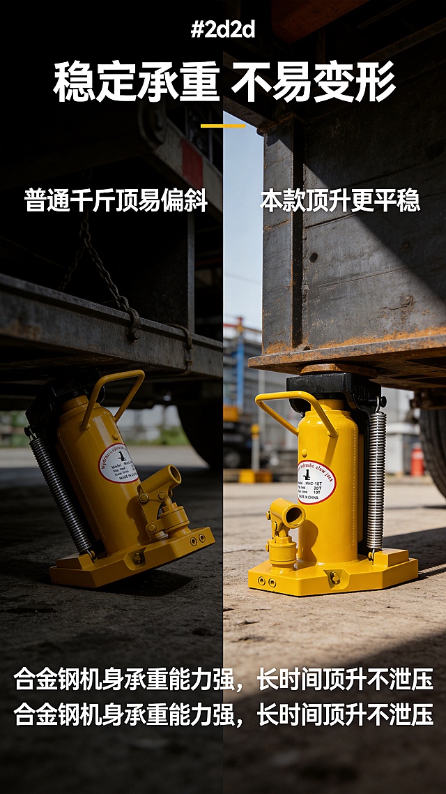 [第6屏] 性能测试-爪式液压千斤顶承重性能展示。本屏使用【图1】作为产品主体展示。
[氛围/风格] 实验测试风，对比直观，专业可信，工业硬核质感。
[元素布局] 左半部分展示普通千斤顶顶升后偏斜场景，右半部分展示本款爪式液压千斤顶稳定顶升重型物件场景；本款产品保持与原图一致外观结构，放置在画面右侧视觉中心；上方主标题，下方文字说明测试结果。
[光影质感] 左右对比布光，右侧本款产品光影明暗清晰，突出稳定性。
[配色色系] 全局底色 #2d2d2d；主色白色标题文字，本款产品黄色；左侧偏暗处理突出对比。
[视角构图] 平视对比，左右分栏，对比清晰直观。
[文字版式] 顶部主标题「稳定承重 不易变形」；左侧标注「普通千斤顶易偏斜」，右侧标注「本款顶升更平稳」；底部总结文字「合金钢机身承重能力强，长时间顶升不泄压」；文字清晰对比强烈，不遮挡产品主体。
[比例分辨率] 9:16竖版比例，4K分辨率，文字清晰可辨，高清画质。
[负向提示词] 产品变形，文字错乱，颜色偏差，对比模糊，水印