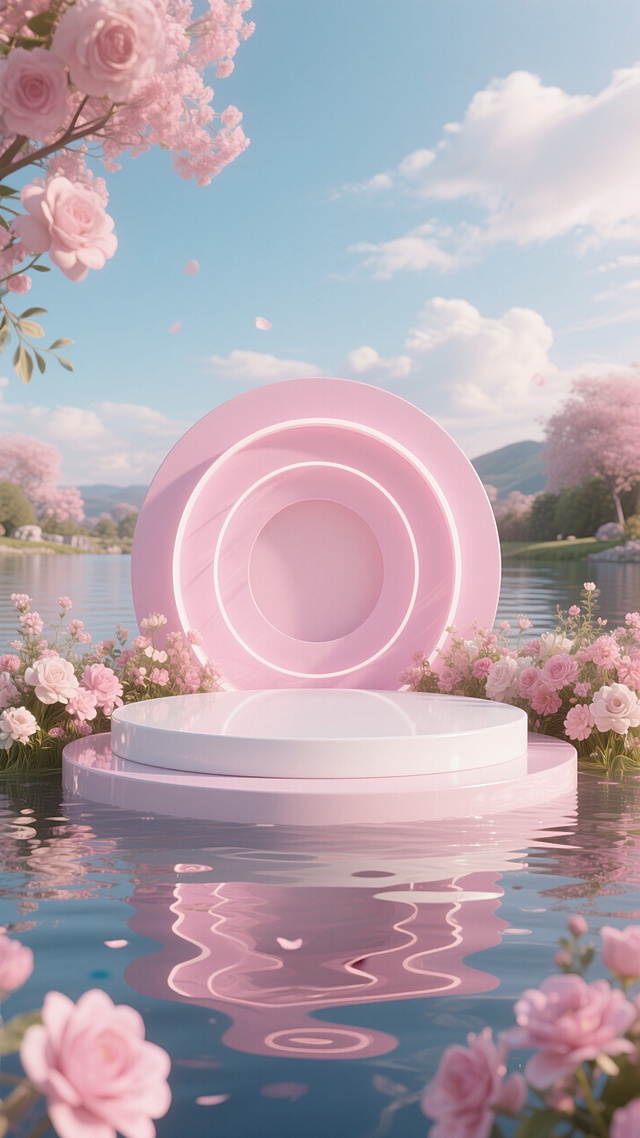 梦幻3D风，粉色圆环悬浮水面，花海环绕，超现实浪漫场景。