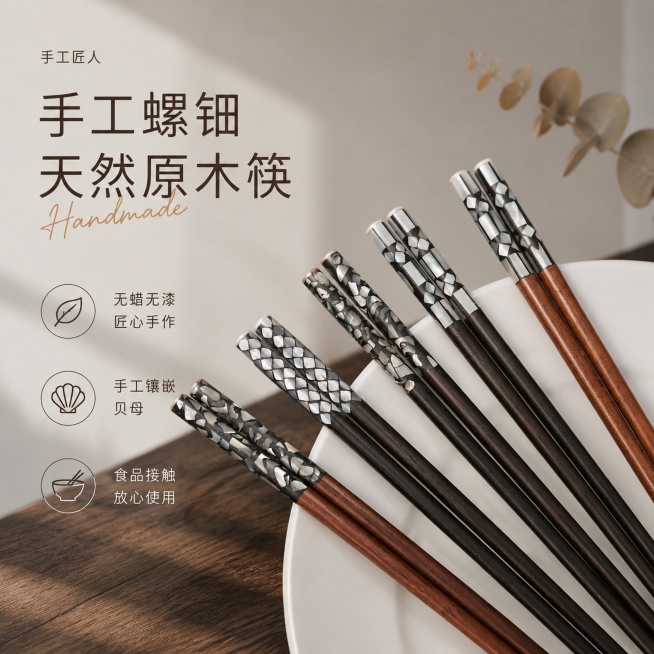 使用电商主图技能生成1张比例1:1的电商主图，适配平台为淘宝/天猫，商品为「图片1」，商品卖点为手工螺钿·天然原木筷 无蜡无漆  匠心手作  放心使用  手工镶嵌贝母 ，预览效果