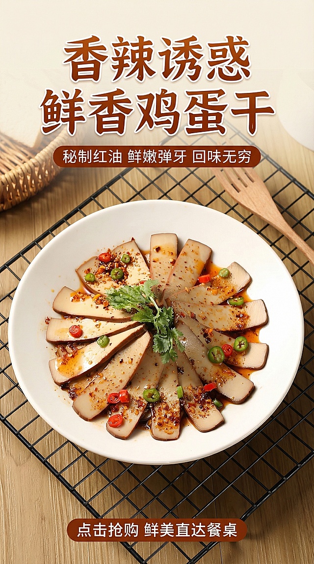店铺装修宣传海报，售卖产品是鸡蛋干，图中的鸡蛋干切片整齐摆盘，淋上香辣红油酱料，点缀青红辣椒和香菜，整体质感诱人，美食商业摄影风格，干净通透，适合电商店铺长海报
