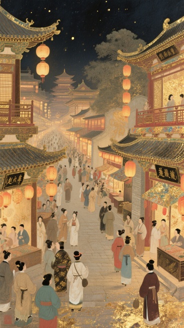 大唐盛世的夜晚街道，灯火辉煌，街边楼阁挂满灯笼，行人摩肩接踵，人声鼎沸，传统岩彩画风格预览效果
