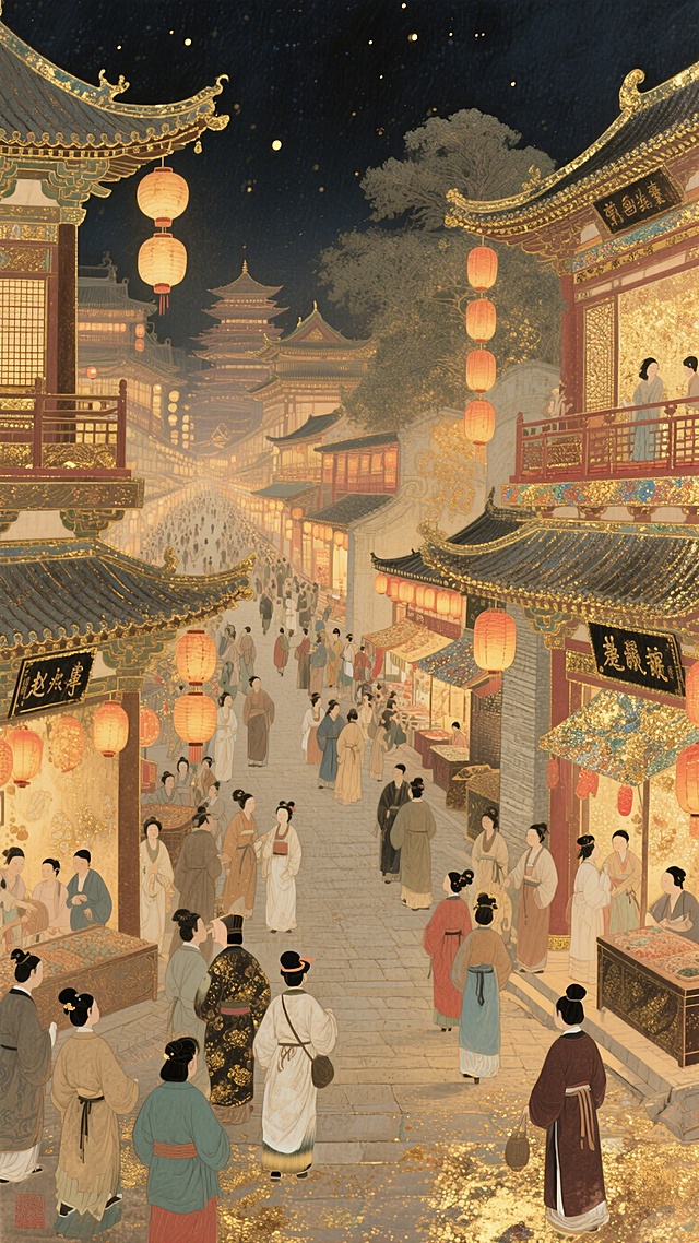 工笔风绘就的古典夜市，鎏金岩彩点缀屋檐与街灯，光影交错间尽显国潮雅韵，浮雕质感人物穿梭于喜庆红灯笼下，梦幻如梦回盛世长安。