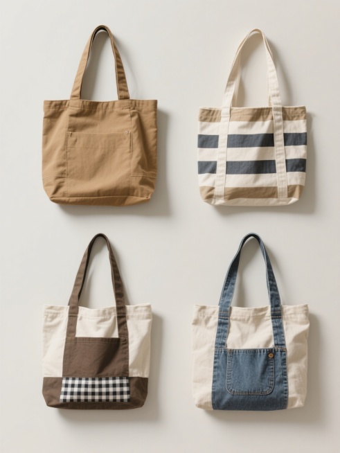 一组4个不同配色、不同样式、不同材质的帆布包，干净简约风格，符合现实逻辑，适合素材使用。每个帆布包都有独特的设计，包括不同的颜色搭配、款式细节和材质质感，如纯色、条纹、格纹等图案，以及帆布、棉麻、牛仔等材质。光线柔和，阴影自然，背景为纯色，突出帆布包的细节和质感，适合作为设计素材使用。预览效果