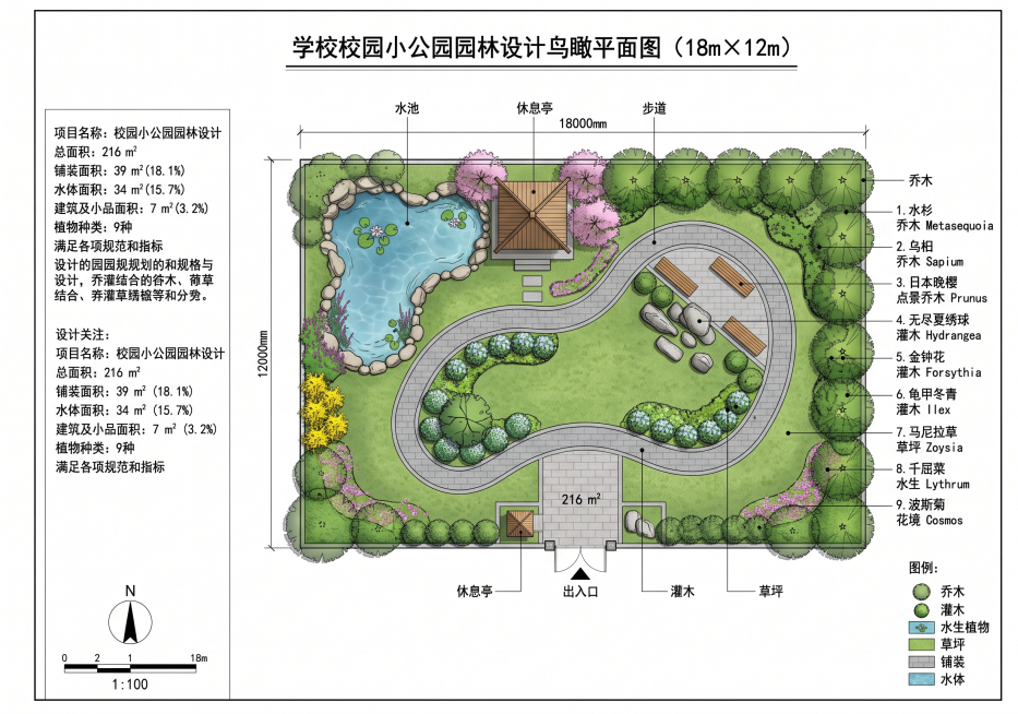 生成18m×12m学校校园小公园园林设计鸟瞰平面图，包含一个出入口，铺装面积不大于总面积的20%，水体面积不大于总面积的20%，建筑或小品占地面积不大于总面积的4%，植物种类不少于7种，合理搭配乔灌草预览效果