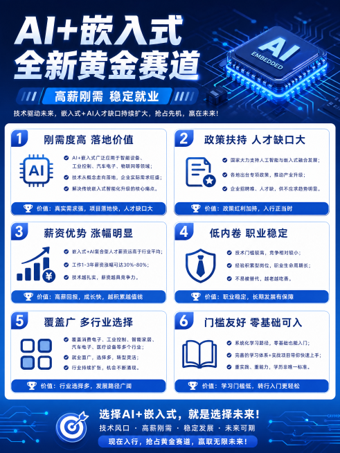 专业科技风海报，主题是人工智能+嵌入式黄金赛道宣传。顶部主标题"AI+嵌入式 全新黄金赛道"，副标题"高薪刚需 稳定就业"。蓝色科技背景，搭配芯片、电路板抽象图形。分六个卖点区域：1 "刚需度高 落地预览效果