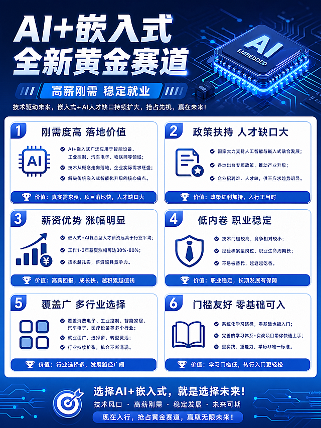 专业科技风海报，主题是人工智能+嵌入式黄金赛道宣传。顶部主标题"AI+嵌入式 全新黄金赛道"，副标题"高薪刚需 稳定就业"。蓝色科技背景，搭配芯片、电路板抽象图形。分六个卖点区域：1 "刚需度高 落地价值"，2 "政策扶持 人才缺口大"，3 "薪资优势 涨幅明显"，4 "低内卷 职业稳定"，5 "覆盖广 多行业选择"，6 "门槛友好 零基础可入"。每个卖点配简洁图标，信息分区清晰，排版精美。整体色调蓝白为主，专业科技感，4K超高清分辨率。参考图版式结构和配色方案，保持信息层级分明。