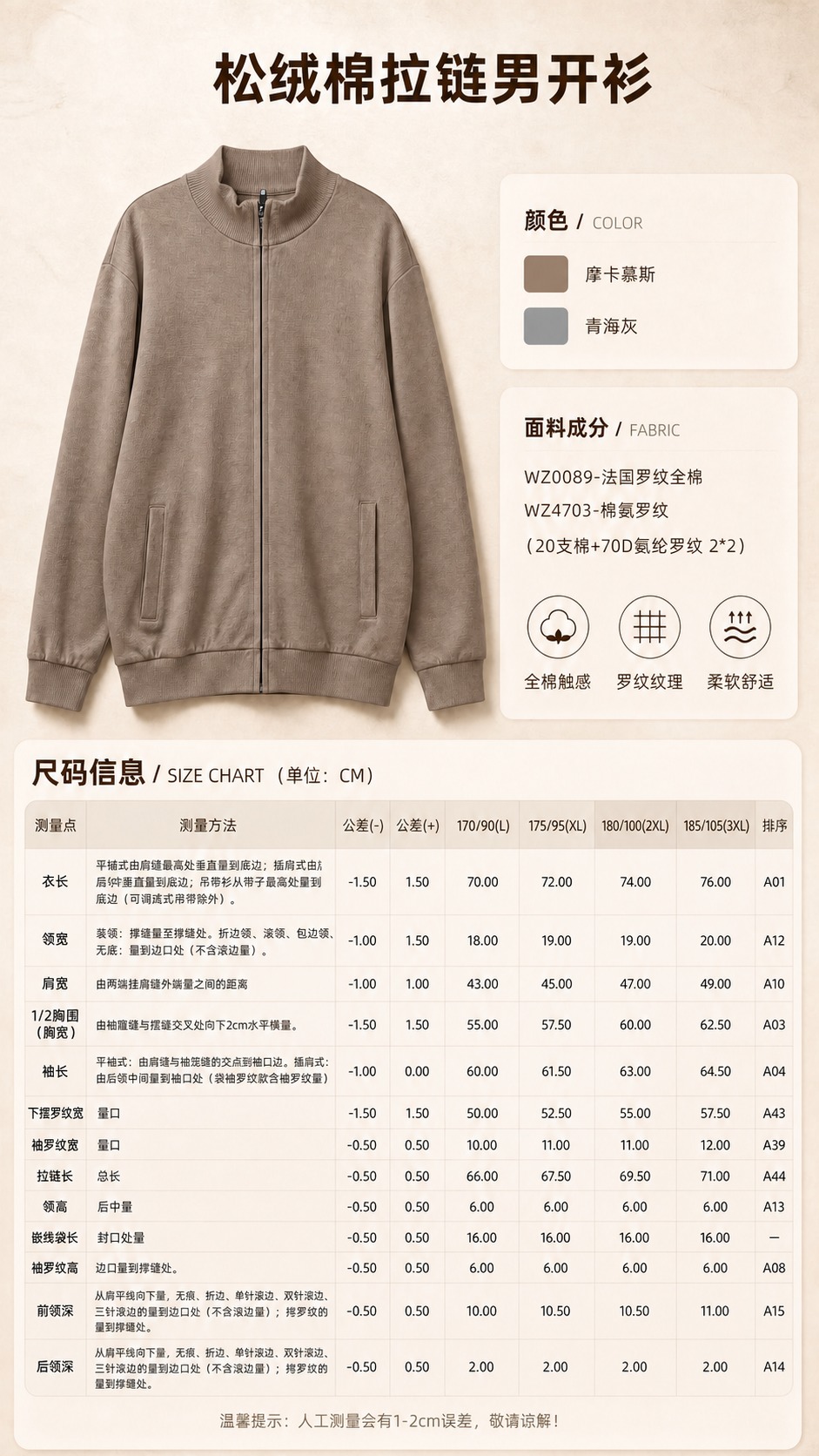 去掉图片顶部标题中"三枪·"字样，标题改为"松绒棉拉链男开衫"… - 图片创意预览