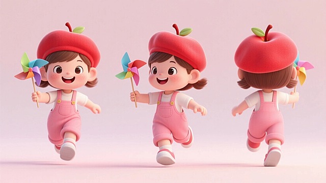 一个戴着苹果贝雷帽小女孩，穿粉色背带裤，拿着小风车