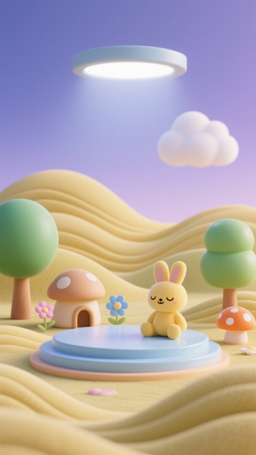 3D渲染的可爱卡通风格场景，整体色调变换为清新的蓝紫色调，柔和的渐变色彩，低饱和度，高亮度，温暖的光影效果，顶部有柔和的光源，形成轻微的阴影和高光，平滑圆润的笔触质感，物体边缘柔和过渡，构图采用中心对称的布局，前景是一个圆形的浅蓝色展示台，台面上有柔和的光泽，展示台周围是起伏的波浪形地面，左侧有绿色的圆球状树木，树干为浅棕色，树下有一朵粉色的小花，右侧有另一棵绿色的圆球状树木，树干为浅棕色，旁……预览效果