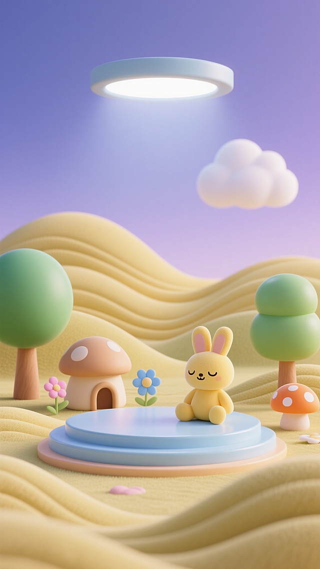 3D渲染的可爱卡通风格场景，整体色调变换为清新的蓝紫色调，柔和的渐变色彩，低饱和度，高亮度，温暖的光影效果，顶部有柔和的光源，形成轻微的阴影和高光，平滑圆润的笔触质感，物体边缘柔和过渡，构图采用中心对称的布局，前景是一个圆形的浅蓝色展示台，台面上有柔和的光泽，展示台周围是起伏的波浪形地面，左侧有绿色的圆球状树木，树干为浅棕色，树下有一朵粉色的小花，右侧有另一棵绿色的圆球状树木，树干为浅棕色，旁边有一个橙色带白色斑点的小蘑菇，中间偏左有一个浅棕色的蘑菇形状的小屋，小屋旁边有一朵蓝色的花朵，中间偏右有一个黄色的兔子玩偶，兔子闭着眼睛，面带微笑，坐在地面上，背景是起伏的黄色山丘，山丘上有波浪形的纹理，天空中有一朵白色的云，整个场景充满了宁静、温馨、可爱的氛围，适合儿童主题的展示场景。