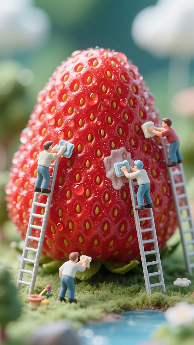 微观摄影，一个巨大的草莓，几个小人儿在蹬着梯子在草莓表面上打扫，用抹布在擦拭，草莓表面泛着水珠