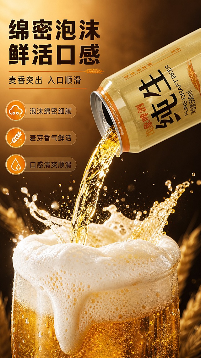 [商品] 使用【图1】浅象纯生啤酒罐；保留罐体所有外观与文字；罐体倾斜放置，罐口正在倾倒出金黄啤酒，形成动态飞溅效果；罐体结构比例与颜色完全保真。
[画面] 目标：口感质地特写，突出泡沫绵密、麦香鲜活、入口顺滑。构图：动作瞬间型，画面中心偏下为倾倒啤酒的动态瞬间。中景：啤酒罐从右上向左下倾斜，金黄透亮的啤酒液从罐口倾泻而出，落入下方玻璃杯中，激起丰富绵密的白色泡沫，泡沫溢出杯口沿杯壁缓缓流下。前景：杯口泡沫微距特写，气泡细腻有光泽，占画面约25%。背景：深棕色虚化背景，突出啤酒的金黄色泽与泡沫的洁白质感。整体画面动感十足，充满饮用欲望。
[视觉] 套系策略：风格=国内电商食品饮料商业摄影风，清爽有食欲；标题字=粗黑体，厚重有力；正文字=简洁无衬线体；主色=暖金琥珀色；背景延展=基于暖金琥珀做深浅渐变、同色系光晕和细腻麦芽质感纹理；强调色=麦芽橙，仅用于小面积图标、引线和标签点缀；标题色=深棕黑色；正文色=暖深棕色；组件=圆角半透明信息卡、细金线引线、麦穗小图标；光影=侧逆光勾勒啤酒液体通透感，正面补光突出泡沫绵密质感。
[文字] 左上区域主标题："绵密泡沫 鲜活口感"，副标题："麦香突出 入口顺滑"；配3个短句卖点："泡沫绵密细腻""麦芽香气鲜活""口感清爽顺滑"；文字区不遮挡啤酒倾倒主体动作。
[规格] 图片比例9:16竖版，4K，负向提示：避免罐体变形、啤酒颜色失真、泡沫不真实、文字过小、冷蓝色调、水印、绝对化用语。