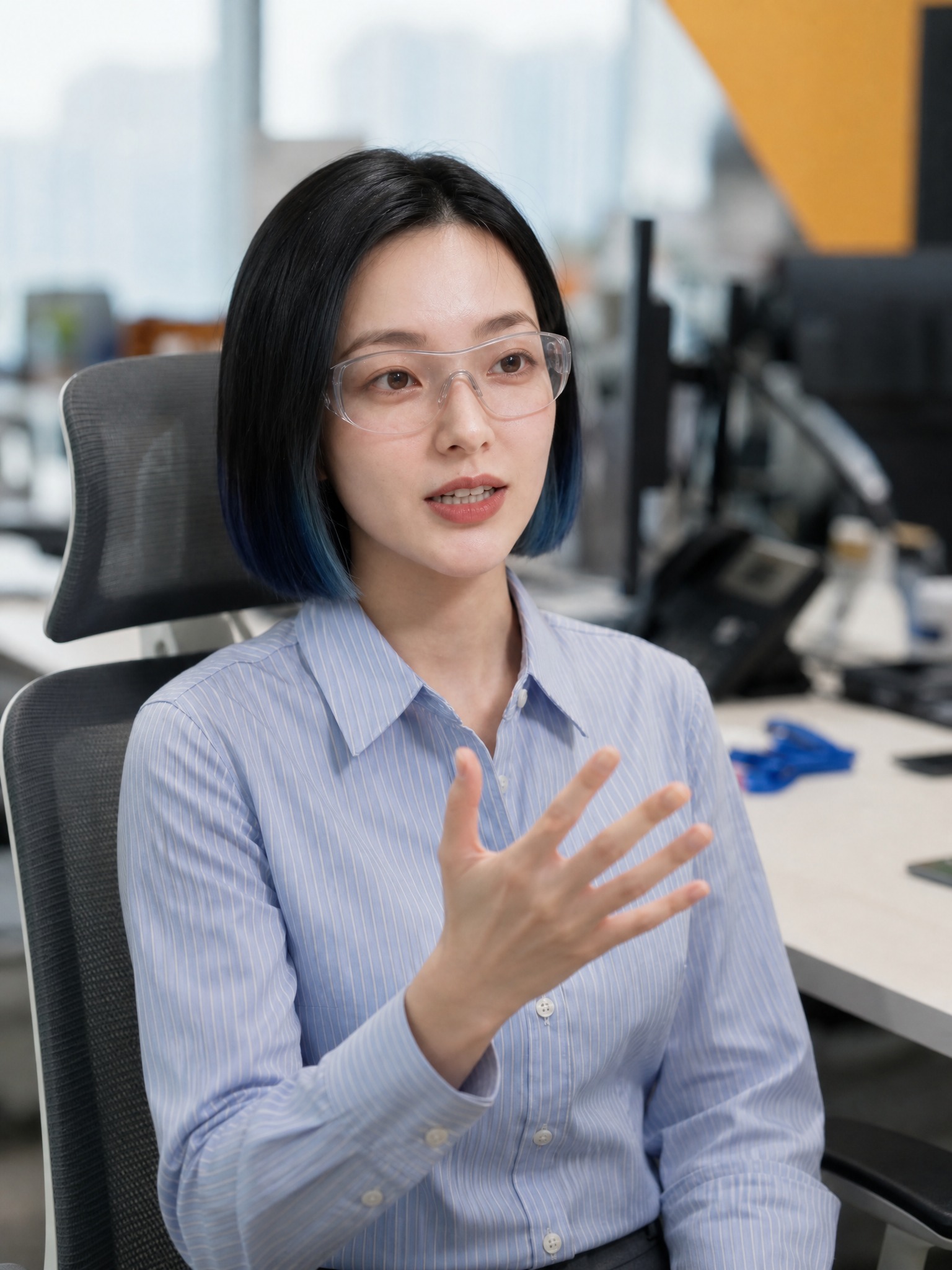 参考图1的办公室背景和办公环境，参考图2的人物面部特征（黑色短… - 图片创意预览