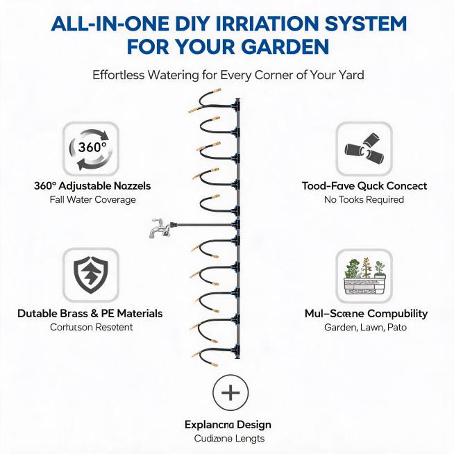 Amazon infographic for garden irrigation system, white background, clean minimalist design. Main tit预览效果