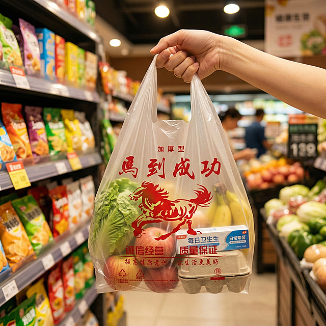 场景使用图，在温馨的超市购物场景中，顾客手提这款印有“马到成功”的透明塑料袋，袋子里装着蔬菜水果和日用品，背景是暖色调的超市货架，营造日常实用的氛围，激发用户代入感