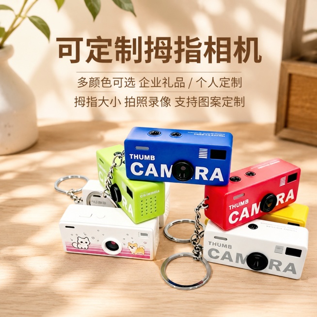 图中这款可定制拇指相机严格参照上传产品图，完整保留所有可见组件、部件、轮廓、结构、比例、材质、颜色与产品本体上的文字信息，与上传图完全一致。更换非纯色的极简浅木桌背景，背景和相机相符合，重点突出拇指相预览效果