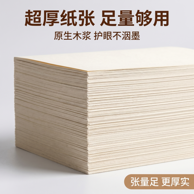 [主图 1] 本色加厚草稿纸首图，体现纸张厚实感。
[氛围风格] 简约干净电商风，保持产品真实质感，突出纸张分量感
[画质] 商业摄影质感，光线柔和通透，产品清晰真实，画面干净高级
[元素] 一摞厚厚预览效果
