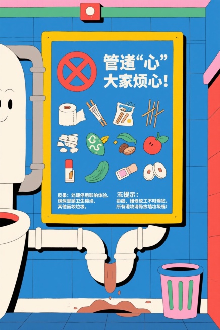 管道“堵”心，大家烦心 请勿将杂物投入便池，共护畅通环境 ❌ 近期堵塞“元凶”警示： · 厕纸、湿巾（不易快速溶解） · 一次性筷子、包装袋 · 果核、果皮、茶渣、饭菜渣 · 化妆品瓶罐、棉片 · 其预览效果