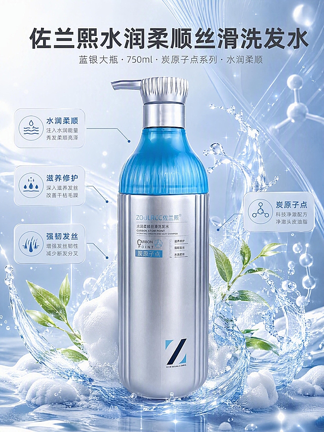 [商品] 使用【图1】佐兰熙水润柔顺丝滑洗发水；完整保留蓝银配色瓶身、按压泵头、竖条纹肌理、ZOOLRCC佐兰熙Logo、炭原子点标识及所有瓶身文字；产品居中放大展示，瓶身干净清晰，颜色材质与原图完全一致。
[画面] 产品亮相主视觉，蓝银大瓶洗发水居中放大，占画面主要位置；周围环绕飞溅的透明水花、细腻绵密的白色泡沫、绿色植萃叶片和闪耀的水润光点；背景为高级蓝银渐变，带有科技感线条和水光质感；产品正面朝向观众，瓶身所有文字清晰可读；整体氛围高级水润有质感。
[视觉] 套系策略：风格=小红书种草风高级商业摄影；标题字=现代无衬线粗体大字；正文字=简洁无衬线体；主色=清透浅蓝+银灰；背景延展=基于蓝银做高级渐变、通透光晕、细腻水光质感、科技线条；强调色=亮银色，仅用于小面积图标、引线和高光点缀；标题色=深炭灰；正文色=中灰蓝；组件=圆角半透明信息卡、细蓝线引线；光影=柔和前侧主光+瓶身金属高光+背景逆光轮廓。
[文字] 画面上方居中主标题大字"佐兰熙水润柔顺丝滑洗发水"；副标题小字"蓝银大瓶·750ml·炭原子点系列·水润柔顺"；文字不遮挡产品瓶身主体和Logo。
[规格] 图片比例3:4竖版，4K，负向提示：避免变形、错字、文字过小、产品颜色改变、瓶身文字错乱、Logo变形、医疗功效表述。