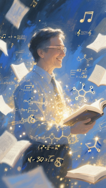 老师的形象由无数飞舞的书页、数学公式、音乐符号和化学分子式构成，这些元素缓缓汇聚成一位微笑的老师侧影。蓝色和金色的光粒子特效，科技感，抽象而优雅。预览效果