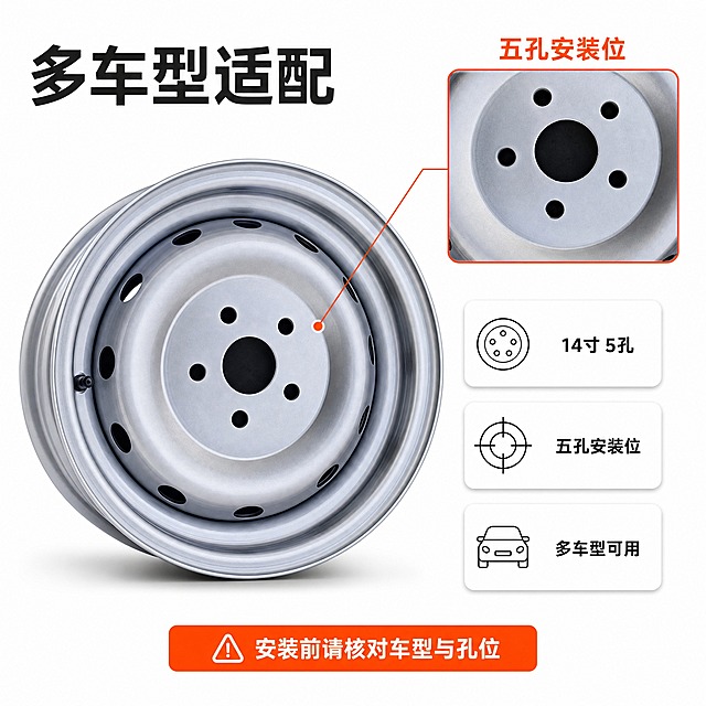 [主图-6] 规格与适配图，本张唯一任务是用五孔安装位与规格信息说明多车型可用，不重复焊缝、重量与使用场景。
[统一基调] 纯白 #FFFFFF 无缝摄影棚背景，均匀干净无杂色；主标题深灰近黑 #1A1A1A 粗黑体，强调色橙红 #FF5A00，辅助文字 #6B6B6B；统一使用圆角橙色胶囊标签与细线引线组件；全套只用一种无衬线黑体，标题最大最粗，辅助文案字号缩小一半以上。
[画面] 左侧为轮圈正面大图，占画面约 52%，稍向右侧微俯；右侧上方放置一个带细橙红边框的方形放大小窗，窗内为五孔安装位与中心孔的微距特写，五个安装孔数量、位置与中心孔比例必须与输入图完全一致；右侧竖排三张白色信息卡，卡内左上角配细线图标，卡内只放中文短标；用一根细橙红引线从主体指向放大窗，末端加小光点定位。
[光影质感] 主体为摄影棚柔光，银灰漆面高光干净；放大窗内孔位边缘有真实凹凸与阴影层次；底部干净接触阴影。
[配色] 银灰与黑为主，橙红 #FF5A00 与深灰 #1A1A1A 用于标题、引线与标签，背景保持纯白。
[文字版式] 左上主标题“多车型适配”；放大窗上方标注“五孔安装位”；三张信息卡分别写“14寸 5孔”“五孔安装位”“多车型可用”；底部一条信息条“安装前请核对车型与孔位”；中文横排，不遮挡主体。
[输出要求] 1:1 正方形 2048×2048，孔位数量准确、文字清晰无错字。负向：多出或缺失安装孔、虚构尺寸数字、变形、错字、乱码、模糊、灰尘、指纹、水泥地、原背景残留、悬浮、相机水印、手机型号水印、“REDMI K80 Pro”字样、平台 Logo、人物、手部、多余手指。