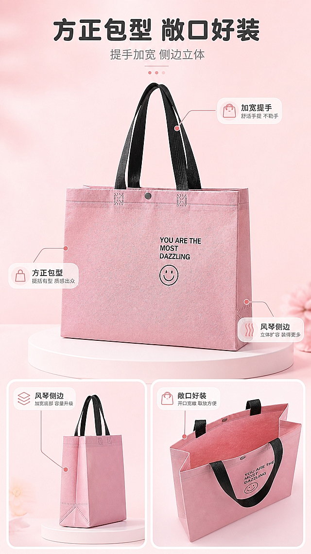 [商品] 使用【图1】粉色无纺布手提袋（环保购物袋）；商品处理：保留浅粉色无纺布袋身、黑色加宽织带双提手、袋身正面黑色英文印刷标语与笑脸图案、银色金属按扣、X形加固缝线、风琴侧边结构；理顺褶皱，增强无纺布纹理、织带和车缝质感，不改变包型、颜色与结构；去除原图画面上的“源头工厂”“定制咨询客服”等宣传叠字，只保留产品本体。
[画面] 包型解析：上方主图加下方左右两小图宫格；主图为正面立体展示占上方约60%，左下小图为侧面厚度与风琴结构，右下小图为俯视敞口与内部空间；三图同一粉色手提袋外观一致；引线标注“加宽提手”“方正包型”“敞口好装”“风琴侧边”，细线引线末端配珊瑚粉圆点；背景浅粉渐变与白色圆角底托，道具只作承托。
[视觉] 套系策略：风格=清新治愈粉调商业摄影，温柔高级生活感；标题字=圆润粗无衬线体；正文字=简洁细圆无衬线体；主色=樱花粉；背景延展=奶油白至浅粉渐变，同色系米白浅粉空间场景；强调色=珊瑚粉，仅用于小面积图标、引线、标签；标题色=深灰黑；正文色=暖灰粉；组件=半透明白色圆角卡片、细线引线、圆形小图标；光影=左前侧柔和自然光。
[文字] 顶部主标题“方正包型 敞口好装”，副标题“提手加宽 侧边立体”；标注文字小号灰粉，手机端可读；全部横排，不遮挡袋身。
[规格] 9:16竖版，高清细节，避免变形、错字、文字过小、冷蓝冷灰背景、袋身颜色改变、水印、平台Logo。
