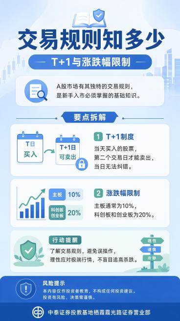 生成一张9:16竖版金融投教知识卡片海报，纯净无水印、无手机状态栏、无边框。
出品机构：中泰证券投教基地栖霞霞光路证券营业部
主题：交易规则知多少——T+1与涨跌幅限制
视觉流派：扁平科普
标题："交预览效果