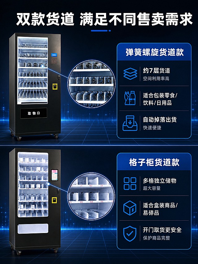 [商品] 使用【图1】弹簧货道款和【图2】格子柜货道款两款智能自动售货机；图1保留弹簧螺旋货道结构，图2保留格子柜分层货道结构；均保留黑色机身、透明玻璃门、操作区、取物口、万向滚轮、整体比例和颜色。
[画面] 详情页第4张·货道容量展示，目标对比两款货道结构与容量优势。上下双产品对比版式，上方放图1弹簧货道款+说明，下方放图2格子柜款+说明；每款产品旁配货道特写示意和容量说明；深蓝黑背景配科技网格线。
[视觉] 套系策略：风格=深色科技商业摄影风；标题字=粗黑无衬线黑体；正文字=简洁无衬线体；主色=深蓝黑；背景延展=基于深蓝黑做渐变层次、科技网格光效；强调色=亮蓝色，仅用于小面积图标、引线、标签和光效；标题色=白色；正文色=浅灰蓝；组件=圆角信息卡、细线引线、货道放大圈；光影=前侧主光，产品立体感强。
[文字] 顶部主标题"双款货道 满足不同售卖需求"；上半区标题"弹簧螺旋货道款"，配文"约7层货道 适合包装零食/饮料/日用品 自动掉落出货"；下半区标题"格子柜货道款"，配文"多格独立储物 适合盒装商品/易碎品 开门取货更安全"。
[规格] 图片比例3:4竖版（宽750px高1000px），分辨率4K，负向提示：避免产品变形、货道结构错乱、颜色改变、文字竖排、信息模糊。