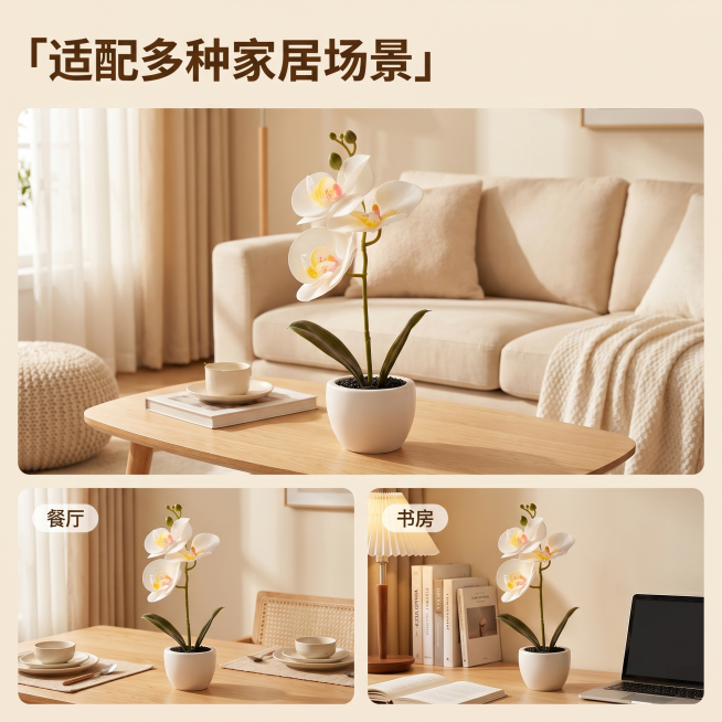 [主图 4] 蝴蝶兰多场景搭配展示图
[氛围风格] 温馨治愈家居风，展示适配场景
[画质] 商业摄影质感、光线柔和通透、产品清晰真实、画面干净高级
[元素] 画中画拼图布局，展示仿真蝴蝶兰在三个不同家预览效果