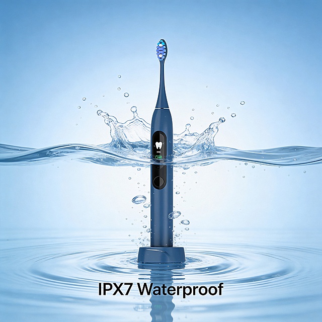 [Main Image 6] IPX7 Waterproof performance demonstration. [Atmosphere Style] Visual impact, clear functional expression; [Quality] High quality commercial photography, clear picture, realistic water drop effect. [Elements] This dark blue electric toothbrush is placed in the center of the picture, surrounded by clear flowing water and splashing water droplets, the whole product is immersed in water, visually demonstrating the waterproof performance. Keep the product appearance 100% consistent with the original picture, the screen display is still clearly visible under water. Full screen without border. [Light and Shadow] Underwater soft light, refracts the luster of the fuselage, the water surface has bright ripple reflection, the layers are rich. [Color Matching] Main color: product dark blue, water clear transparent; background light blue gradient. [Perspective Composition] Centered composition, product is the visual focus. [Text版式] Simple text "IPX7 Waterproof" at the bottom, font matching the product color, clear and not obtrusive. [Proportion Resolution] 1:1 proportion, 4K resolution; ultra high definition. [Negative prompt] Deformation, watermark, text disorder, blurred product picture, messy background.