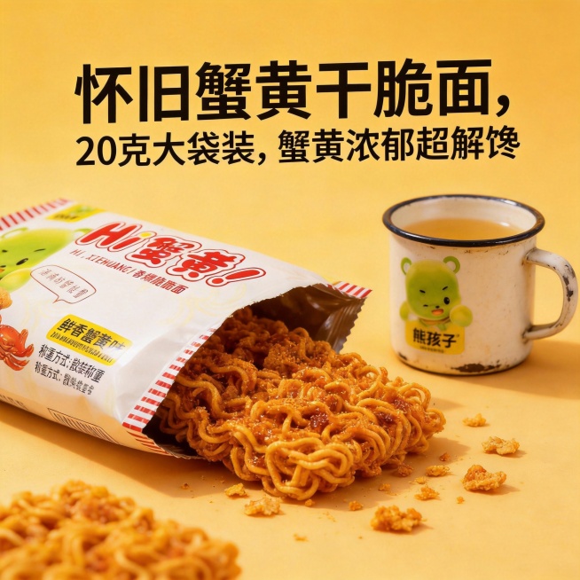 根据我图中的产品【蟹黄味干脆面】，我要生成10张拼多多电商主图，体现有食欲、购买欲、怀旧小零食的，突出是大袋装20克/袋，蟹黄浓郁预览效果