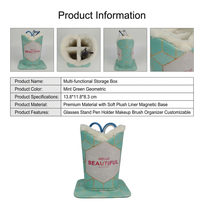 参考第二张图的产品介绍详情页版式结构，使用第一张产品图制作产品信息详情图，保留第一张薄荷绿几何纹毛绒内衬收纳盒产品，替换第二张图中所有内容为第一张产品的信息，所有文案为英文，尺寸800X800。顶部大预览效果