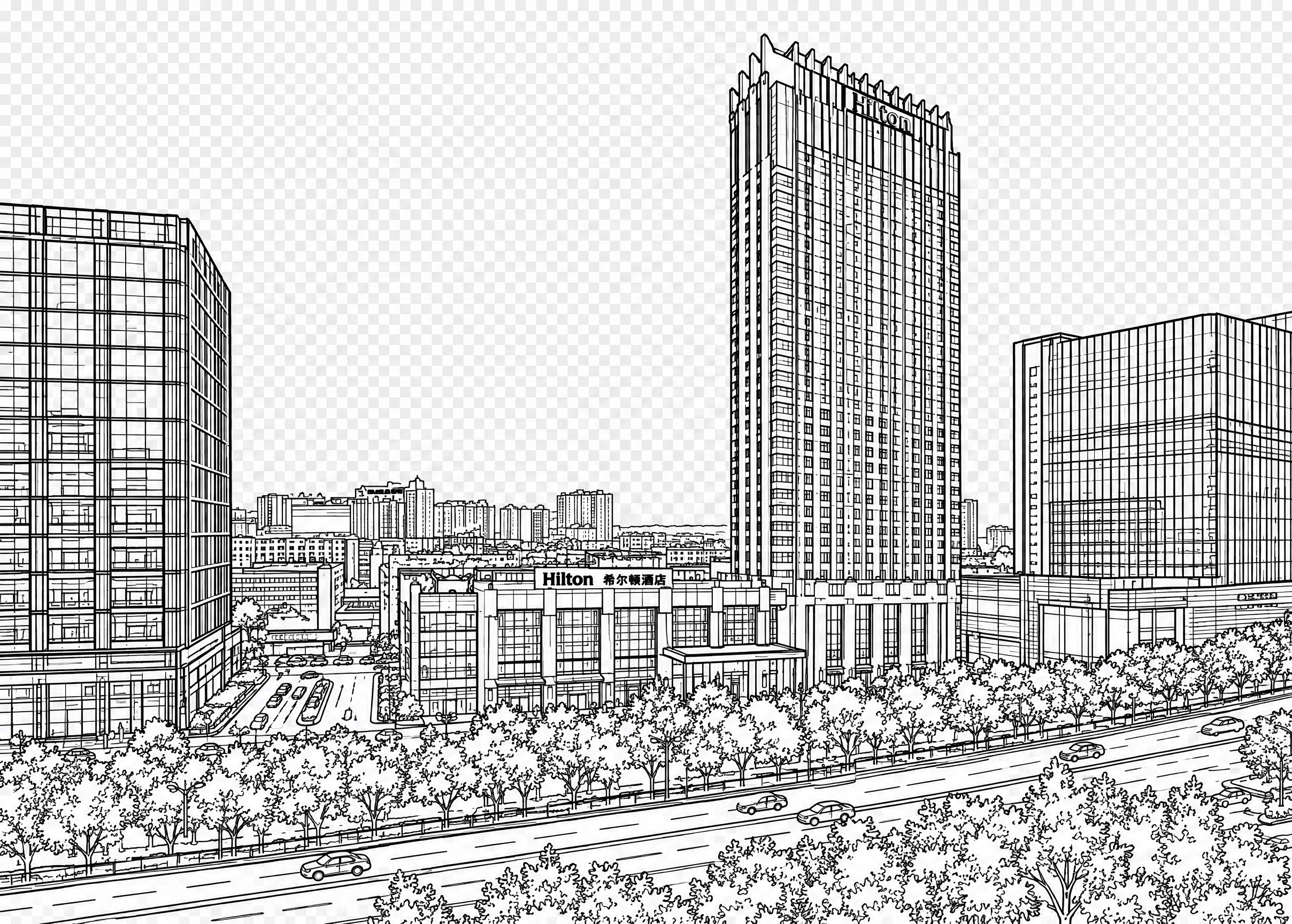 将这张城市酒店建筑照片转换为精细的线稿图，仅保留建筑、树木、道… - 图片创意预览
